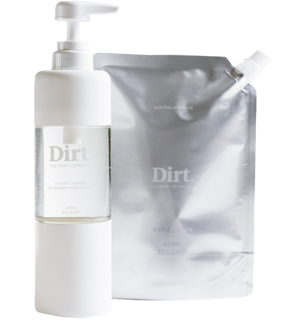 Dirt Laundry Detergent Starter Pack– Includes 1 x 475ml Glass Dispenser Bottle (full) + 1 x 425ml Refill Pack